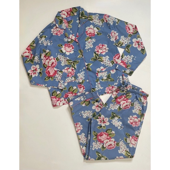 PINE CONE HILL Fine Linens Two Piece Pajama Set Sleep Blue Pink Floral Medium - Picture 1 of 10